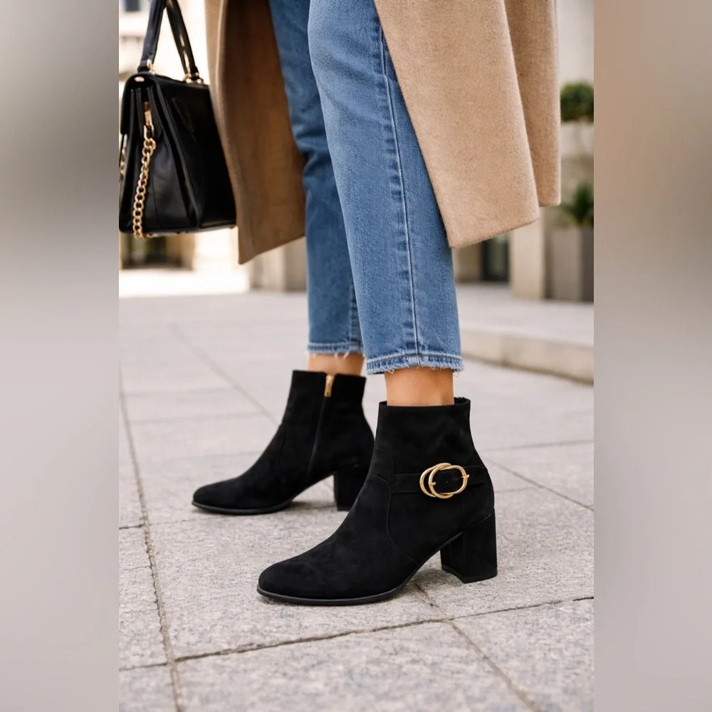 Stuart Weitzman Black Suede Ankle Boots Gold Hardware Block Heel 7.5 - Picture 1 of 13